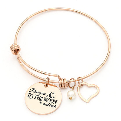 Charm Bangle Bracelet I Love You to The Moon & Back - Rose Gold