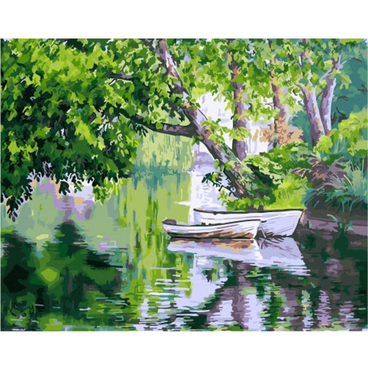 DIY Paint by Numbers Canvas Painting Kit - Fishing Boat Lake Reflection