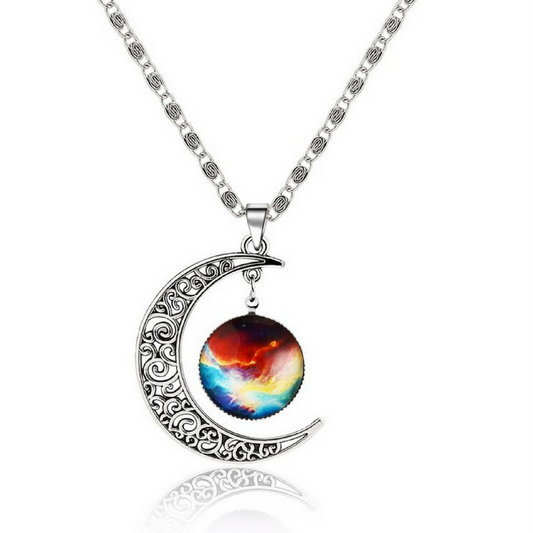 Galaxy & Crescent Cosmic Moon Pendant Necklace - Colorful Glass - 17.5''