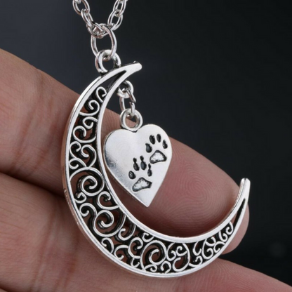 Crescent Moon and Paws Pendant Necklace, 19.5'' Chain, Great Gift for Animal Lovers