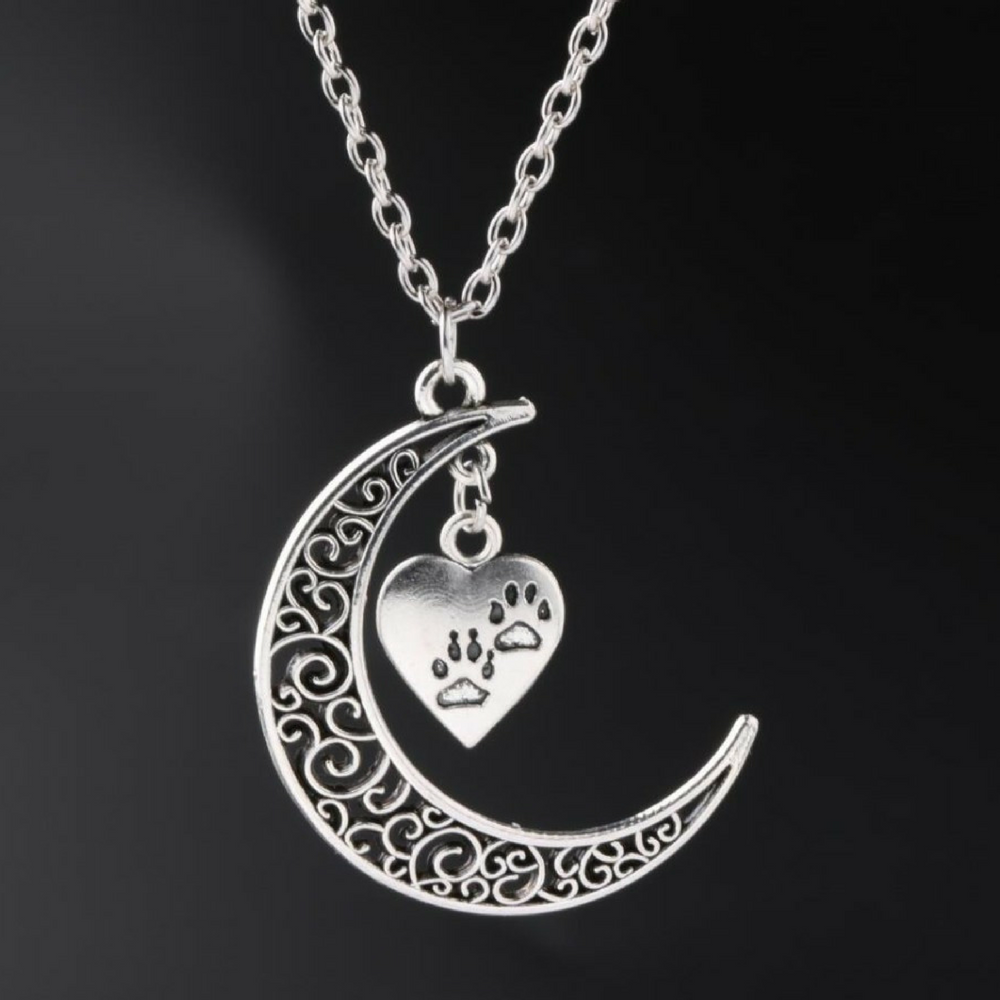 Crescent Moon and Paws Pendant Necklace, 19.5'' Chain, Great Gift for Animal Lovers