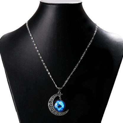 Galaxy & Crescent Cosmic Moon Pendant Necklace, Blue Glass, 17.5'' Chain