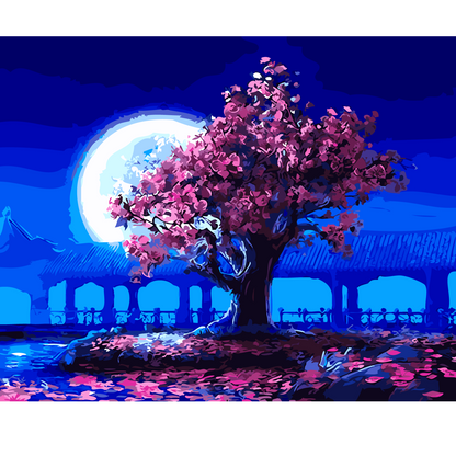 DIY Paint by Numbers Canvas Painting Kit - Pink Tree Blue Night