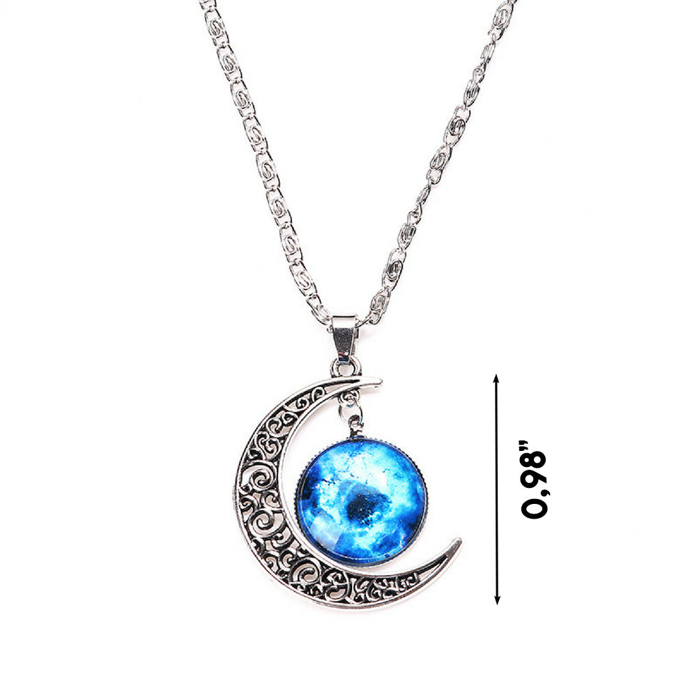 Galaxy & Crescent Cosmic Moon Pendant Necklace, Blue Glass, 17.5'' Chain