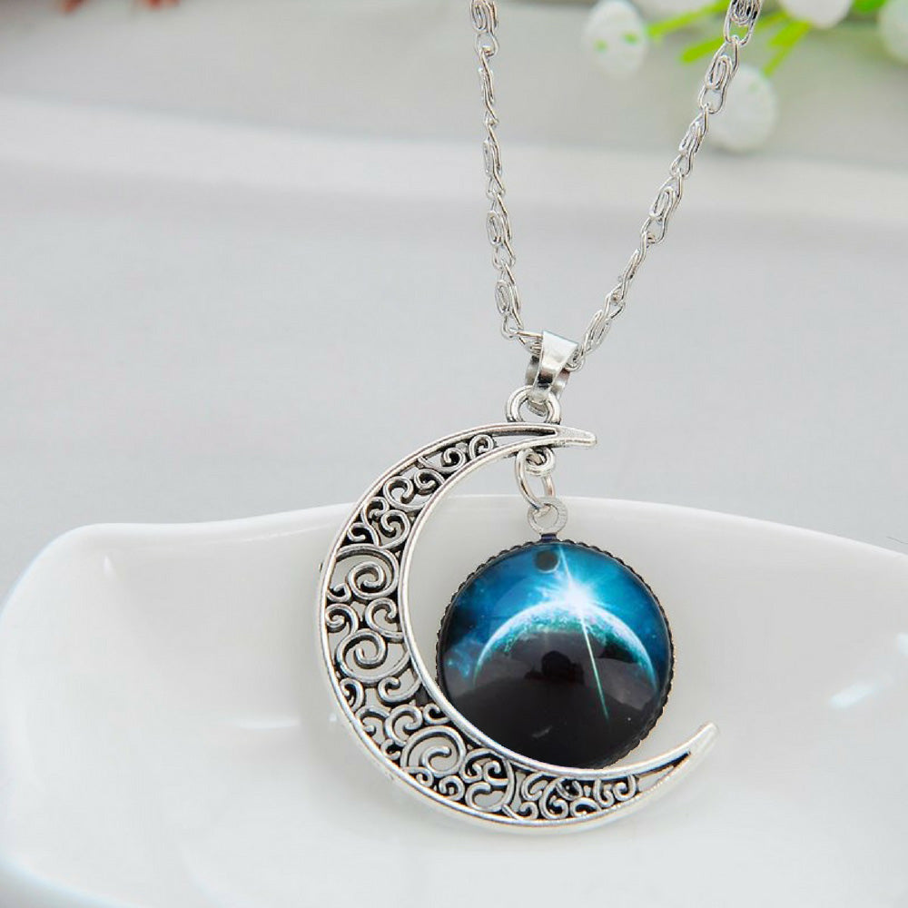 Galaxy & Crescent Cosmic Blue Moon Pendant Necklace, Blue Glass, 17.5'' Chain