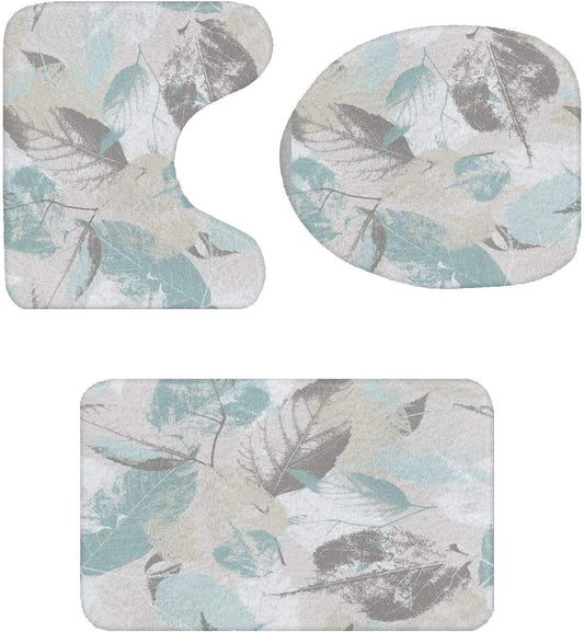 Cleamorous Bathroom Rug Set - 3-Piece Set - Mint Gray Leaves