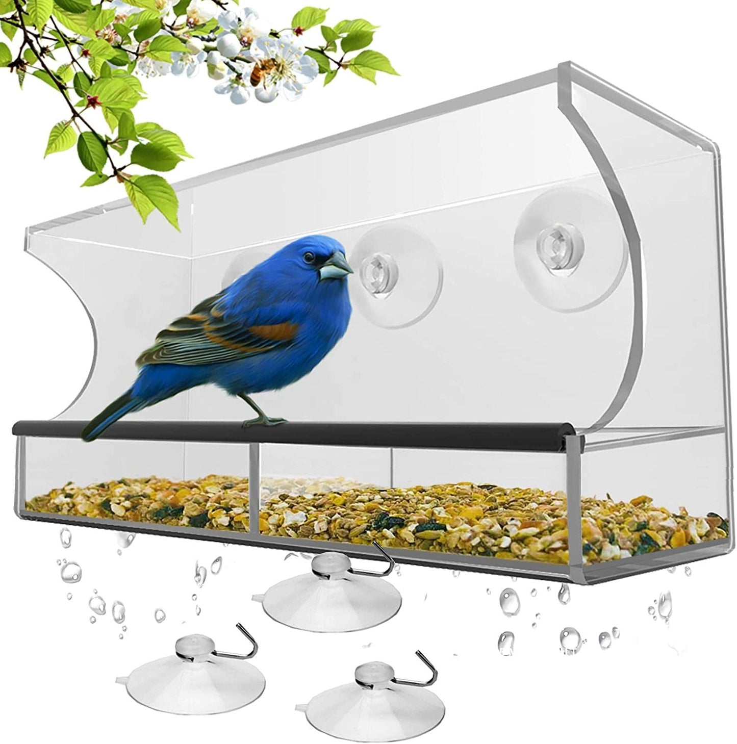 Window Bird House Feeder with Sliding Seed Tray Holder and 3 Extra Strong Suction Cups - For Wild Birds, Finch, Cardinal, and Bluebird