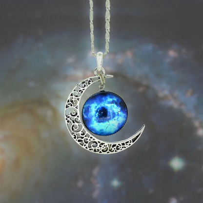 Galaxy & Crescent Cosmic Moon Pendant Necklace, Blue Glass, 17.5'' Chain