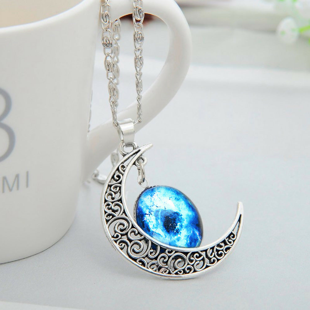 Galaxy & Crescent Cosmic Moon Pendant Necklace, Blue Glass, 17.5'' Chain