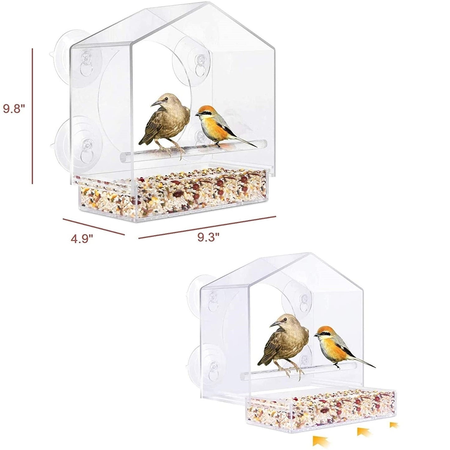 Window Bird House Feeder - Sliding Seed Tray Holder Birdhouse Shape - For Wild Birds - 4 Extra Suction Cups