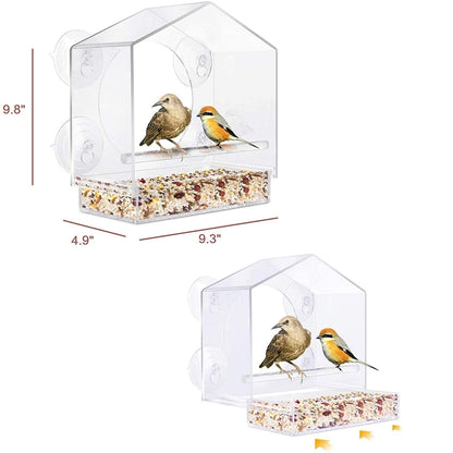 Window Bird House Feeder - Sliding Seed Tray Holder Birdhouse Shape - For Wild Birds - 4 Extra Suction Cups