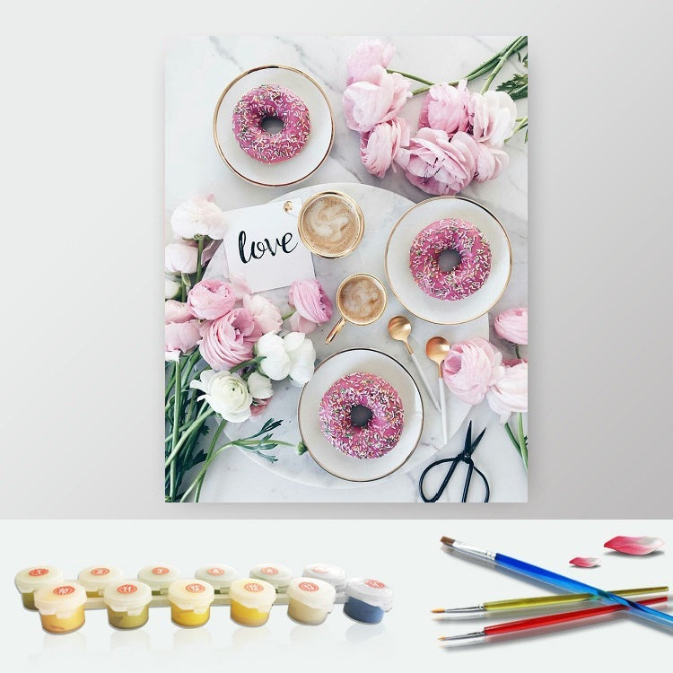 DIY Paint by Numbers Canvas Painting Kit - Pink Breakfast Donuts Roses