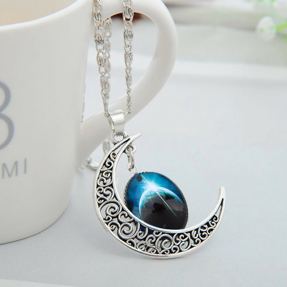 Galaxy & Crescent Cosmic Blue Moon Pendant Necklace, Blue Glass, 17.5'' Chain