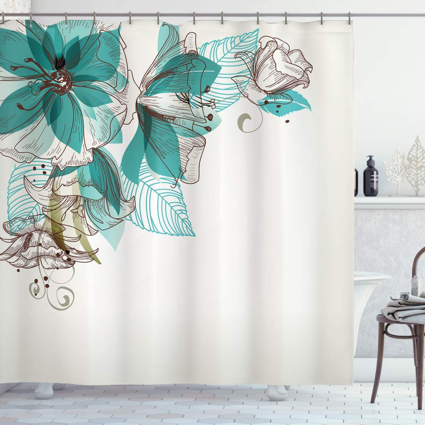 Shower Curtain with Metal Hooks, 72" x 72" - Mint Flower