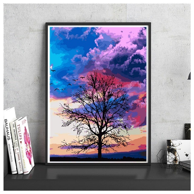 DIY Paint by Numbers Canvas Painting Kit - Lonely Tree Under Pink Sky