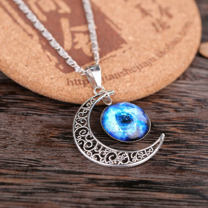 Galaxy & Crescent Cosmic Moon Pendant Necklace, Blue Glass, 17.5'' Chain