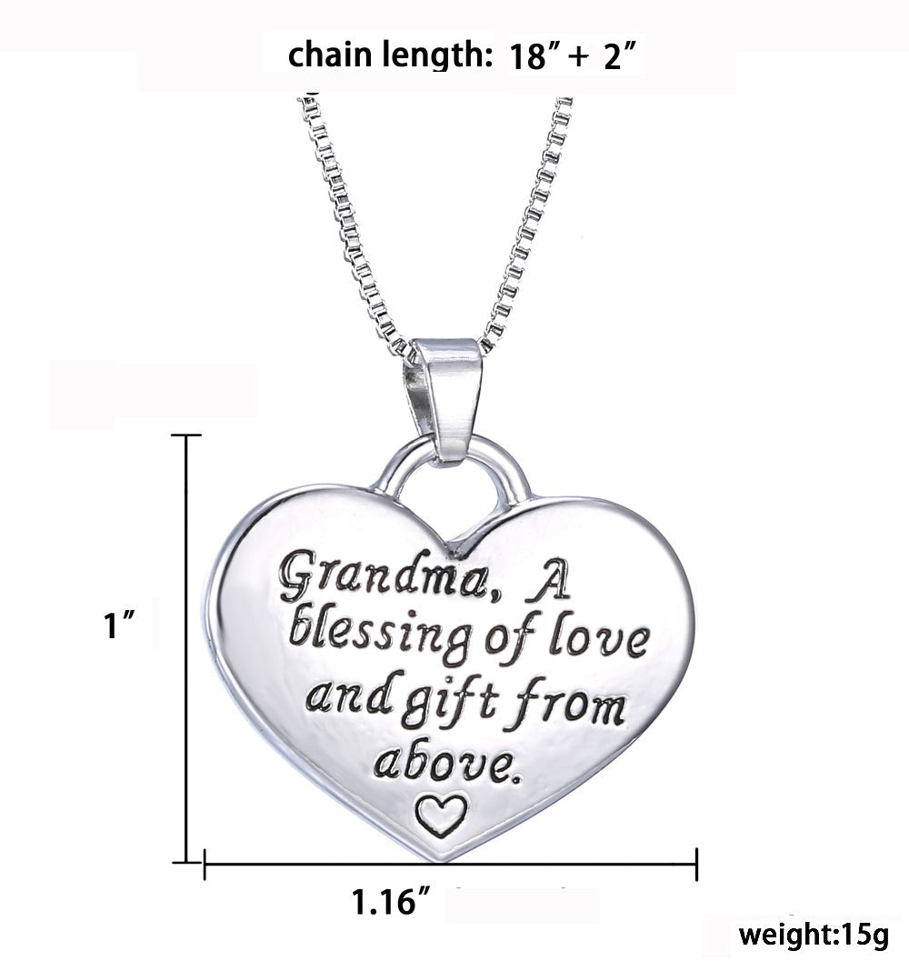 Grandma Heart Pendant Necklace - Grandma a Blessing of Love and Gift from Above - Family Necklace