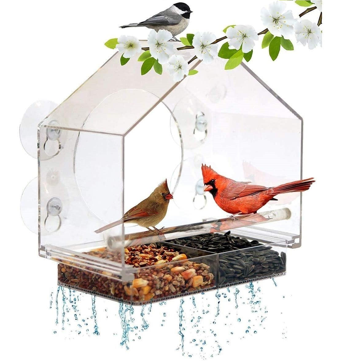 Window Bird House Feeder - Sliding Seed Tray Holder Birdhouse Shape - For Wild Birds - 4 Extra Suction Cups