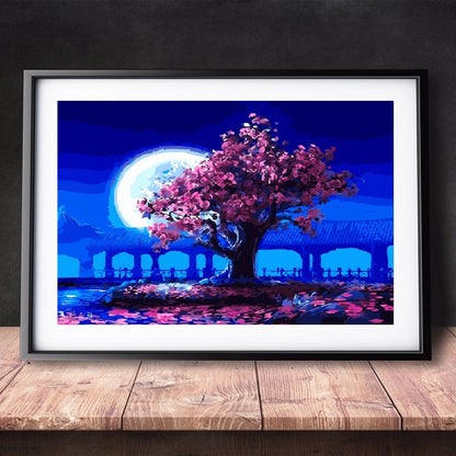 DIY Paint by Numbers Canvas Painting Kit - Pink Tree Blue Night