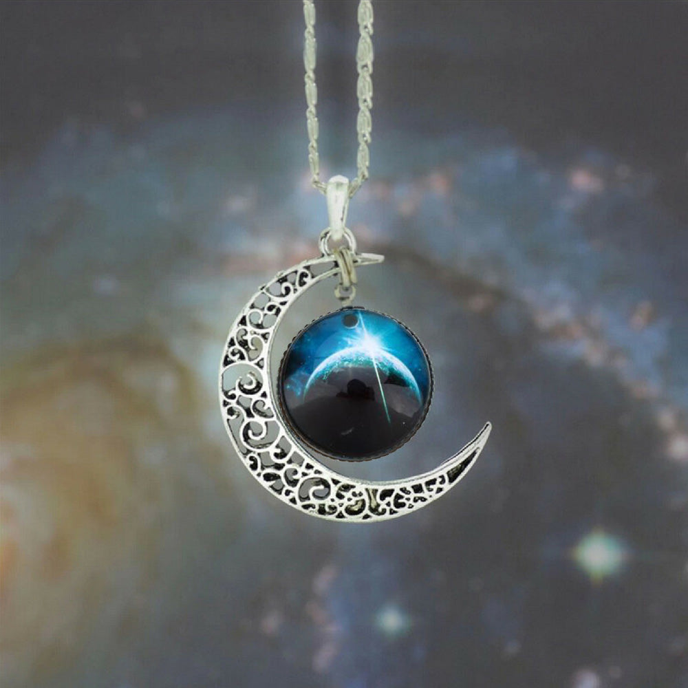 Galaxy & Crescent Cosmic Blue Moon Pendant Necklace, Blue Glass, 17.5'' Chain