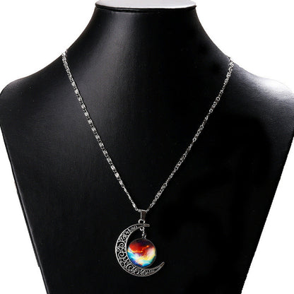 Galaxy & Crescent Cosmic Moon Pendant Necklace - Colorful Glass - 17.5''