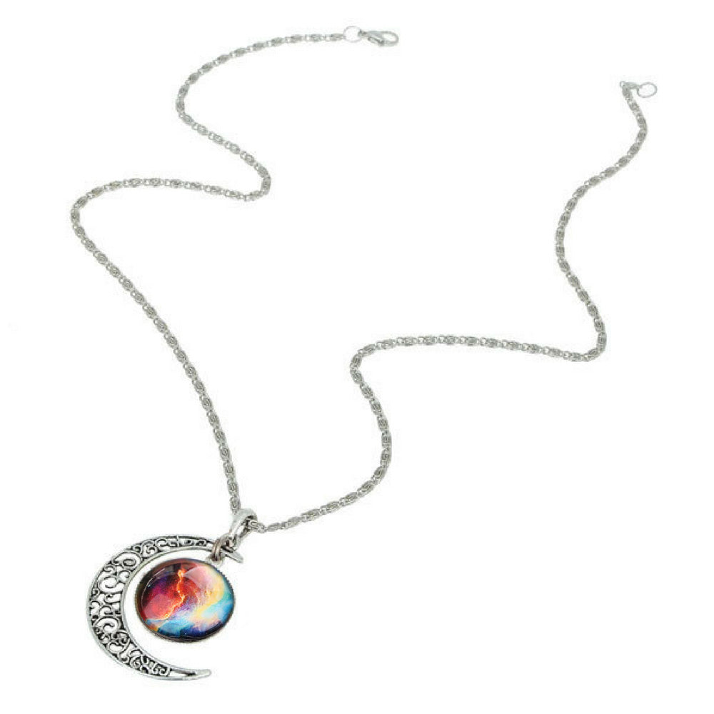 Galaxy & Crescent Cosmic Moon Pendant Necklace - Colorful Glass - 17.5''