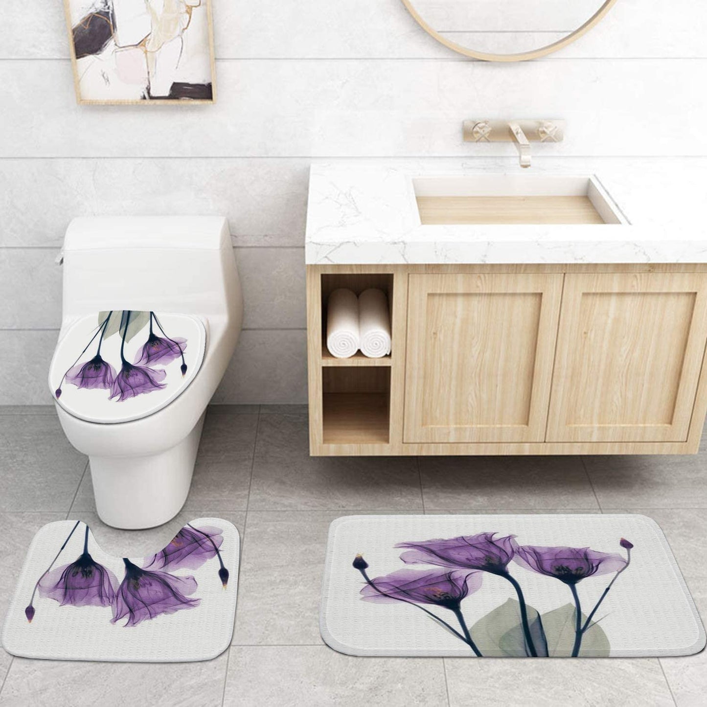 Cleamorous Bathroom Rug Set - 3-Piece Set - Purple Flower