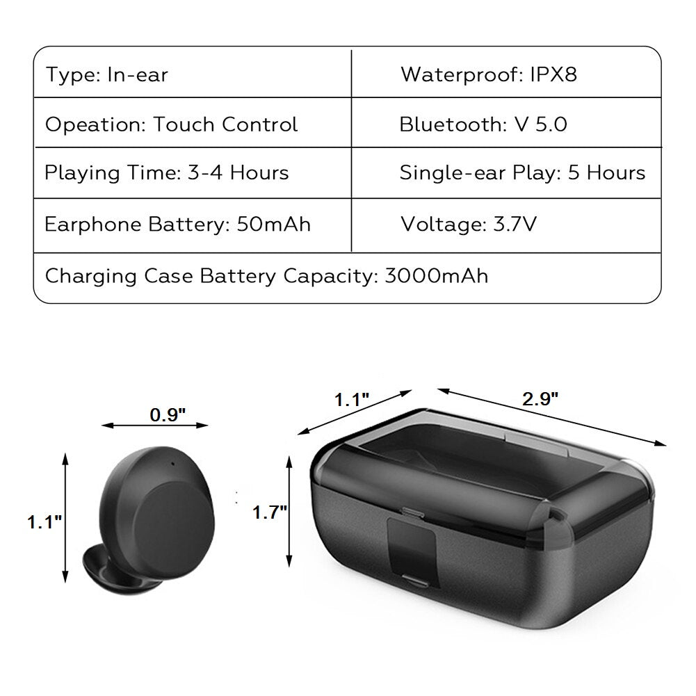 Bluetooth 5.0 Earbuds with Wireless Charging Case - Black