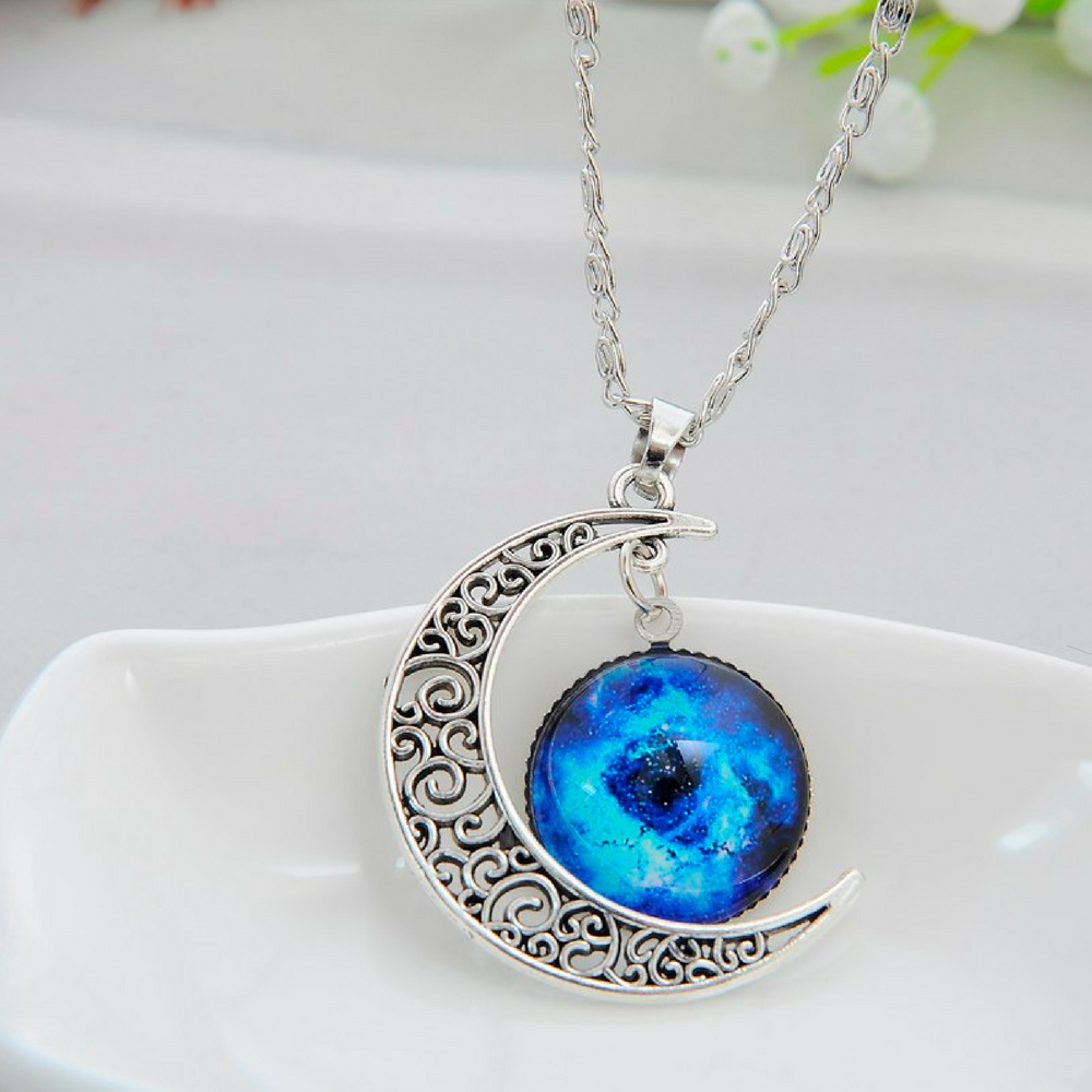 Galaxy & Crescent Cosmic Moon Pendant Necklace, Blue Glass, 17.5'' Chain