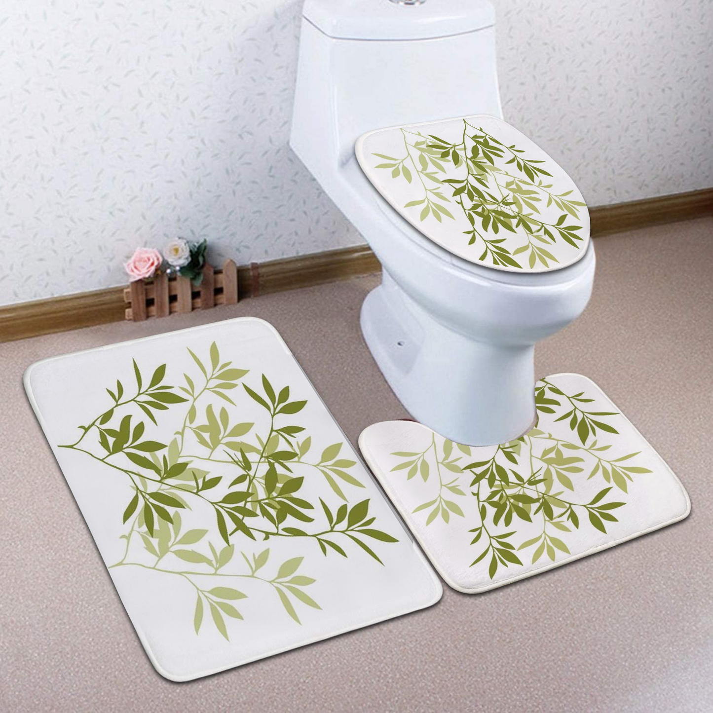 Cleamorous Bathroom Rug Set - 3-Piece Set - Green Leaves