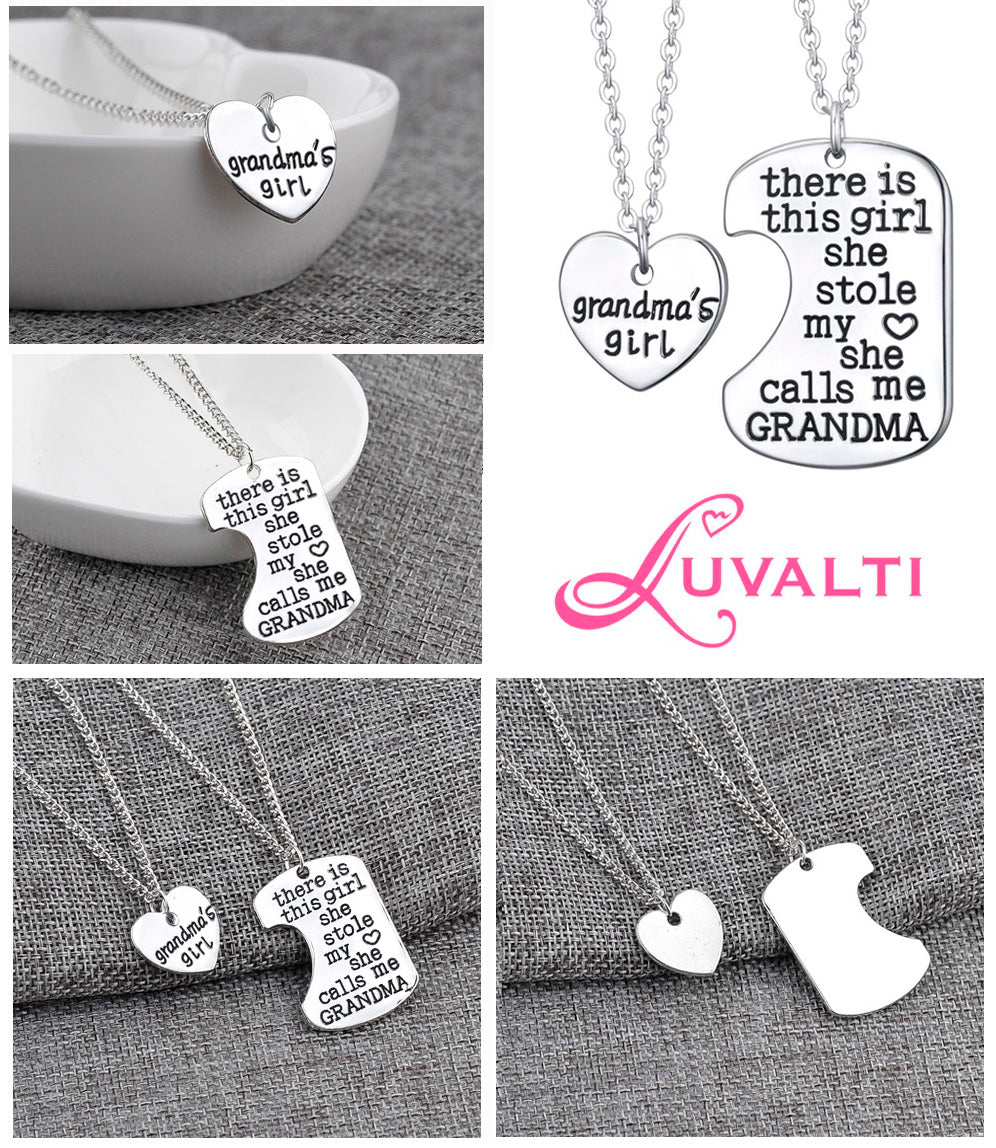 Grandmas Girl Heart Pendant Necklace - Grandma Necklace Set