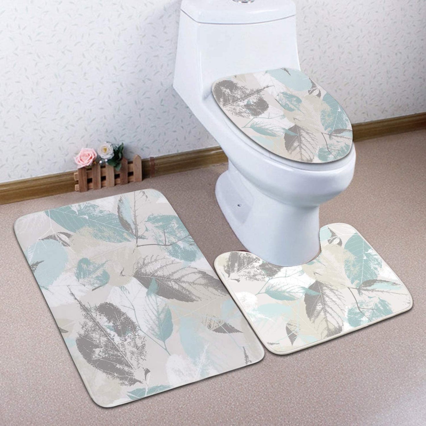 Cleamorous Bathroom Rug Set - 3-Piece Set - Mint Gray Leaves