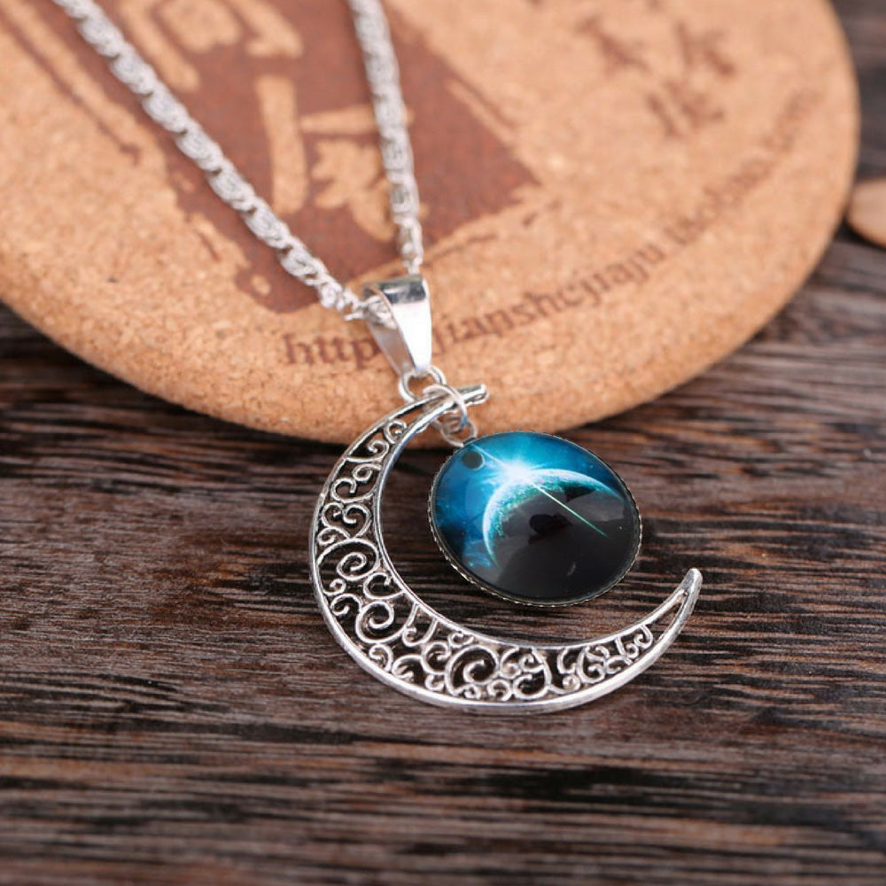 Galaxy & Crescent Cosmic Blue Moon Pendant Necklace, Blue Glass, 17.5'' Chain