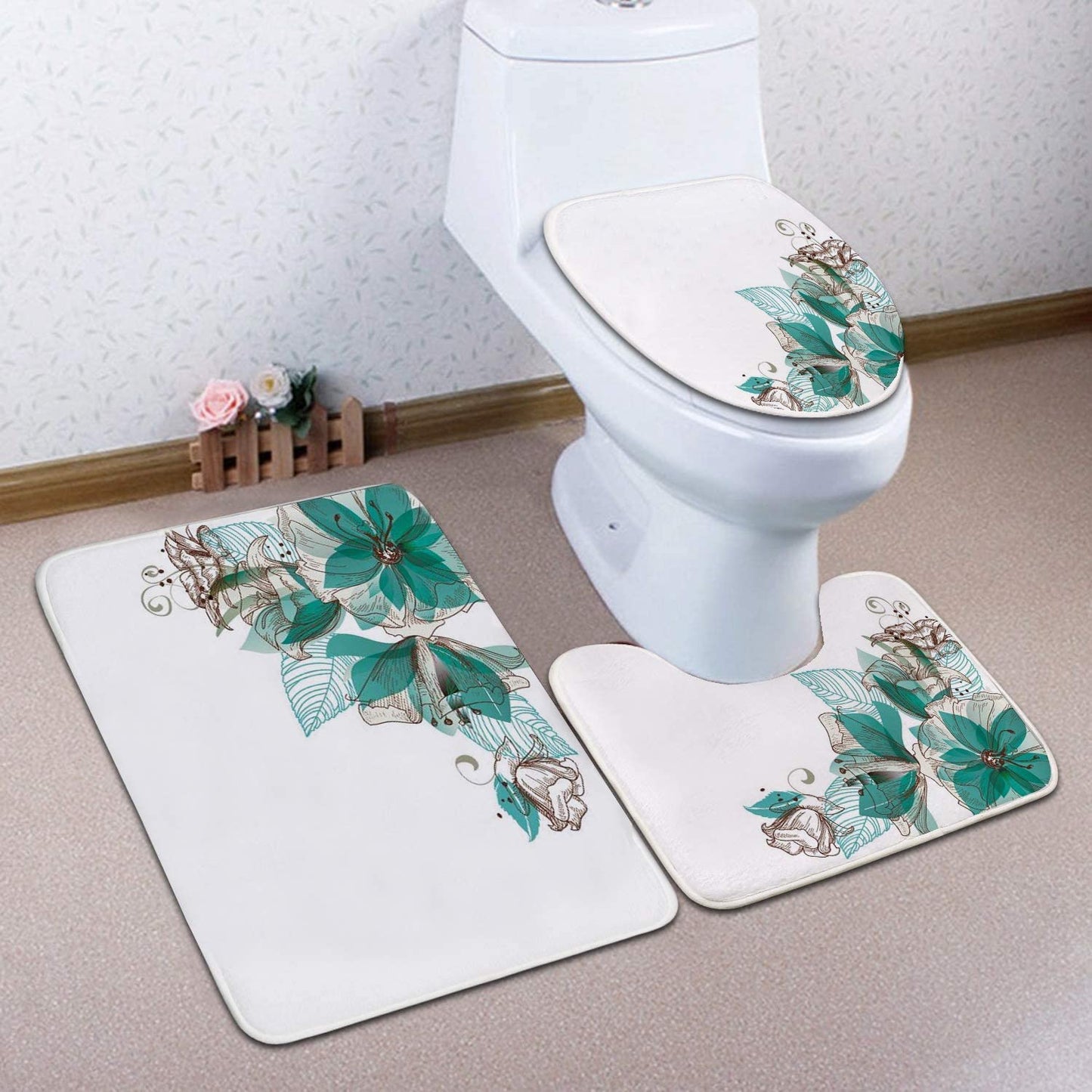 Cleamorous Bathroom Rug Set - 3-Piece Set - Mint Flower