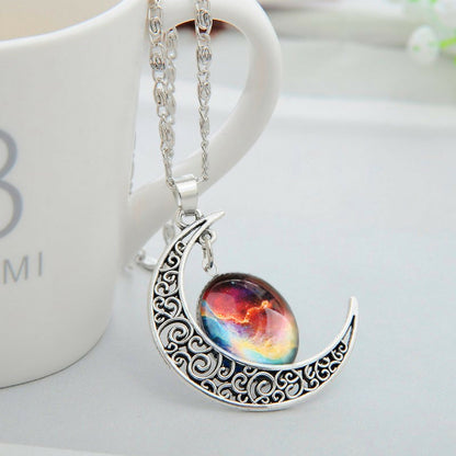 Galaxy & Crescent Cosmic Moon Pendant Necklace - Colorful Glass - 17.5''