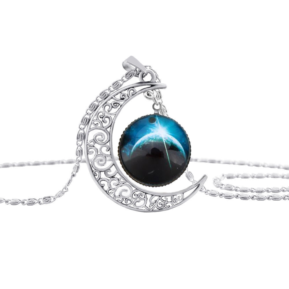 Galaxy & Crescent Cosmic Blue Moon Pendant Necklace, Blue Glass, 17.5'' Chain