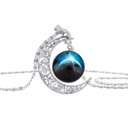 Galaxy & Crescent Cosmic Blue Moon Pendant Necklace, Blue Glass, 17.5'' Chain