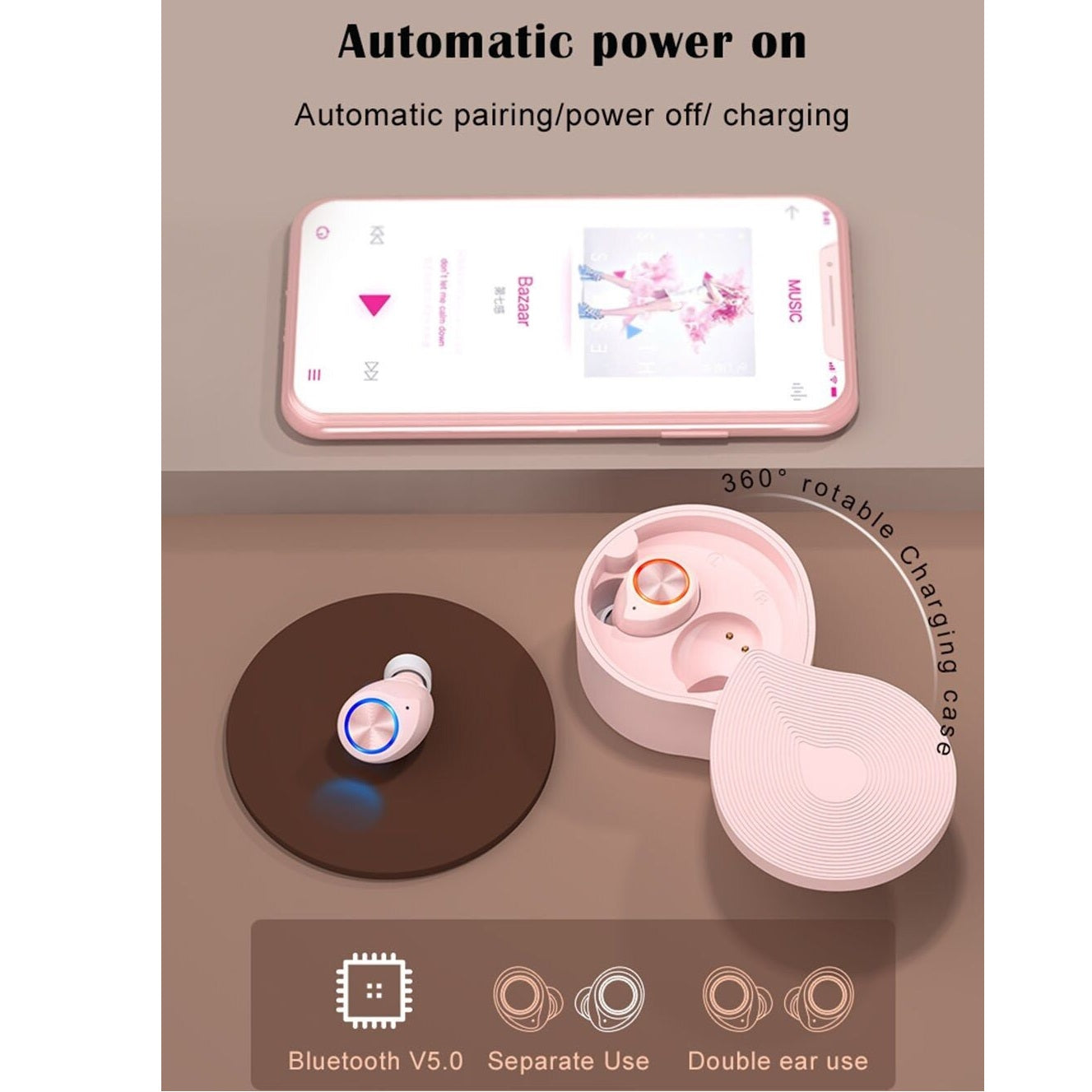 Bluetooth 5.0 Earbuds with Wireless Charging Case - Pink