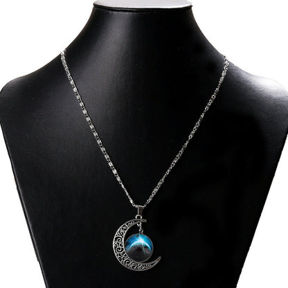 Galaxy & Crescent Cosmic Blue Moon Pendant Necklace, Blue Glass, 17.5'' Chain