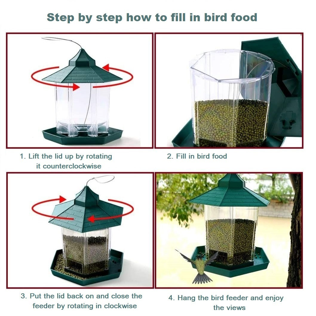 Hanging Bird Feeder for Wild Bird in Garden Yard Outside Decoration, Hexagon Shaped with Roof (Green)