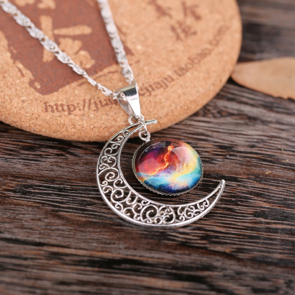 Galaxy & Crescent Cosmic Moon Pendant Necklace - Colorful Glass - 17.5''