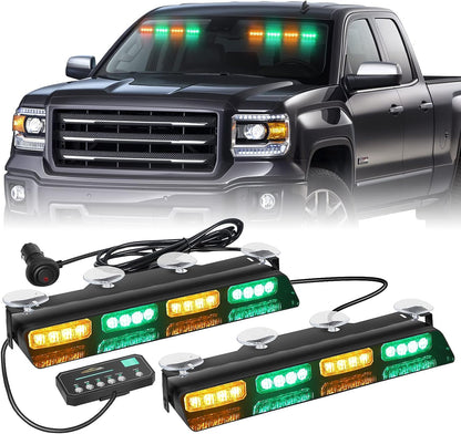 XRIDONSEN Emergency Dash Strobe Lights Safety Flashing Warning Hazard Interior Front/Rear Windshield Deck Split Light Bar w/Suction Cups for Construction Vehicles Trucks (2x14 inch, Amber White)