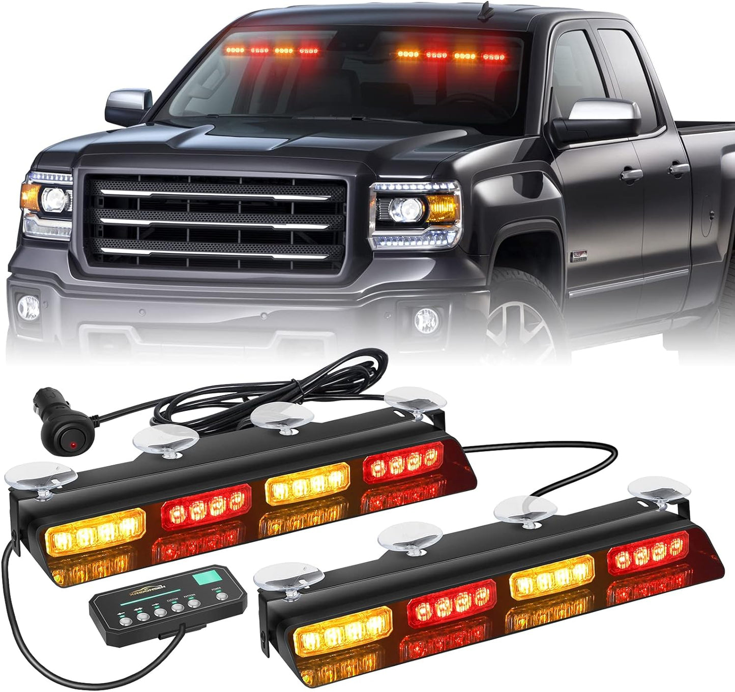 XRIDONSEN Emergency Dash Strobe Lights Safety Flashing Warning Hazard Interior Front/Rear Windshield Deck Split Light Bar w/Suction Cups for Construction Vehicles Trucks (2x14 inch, Amber White)