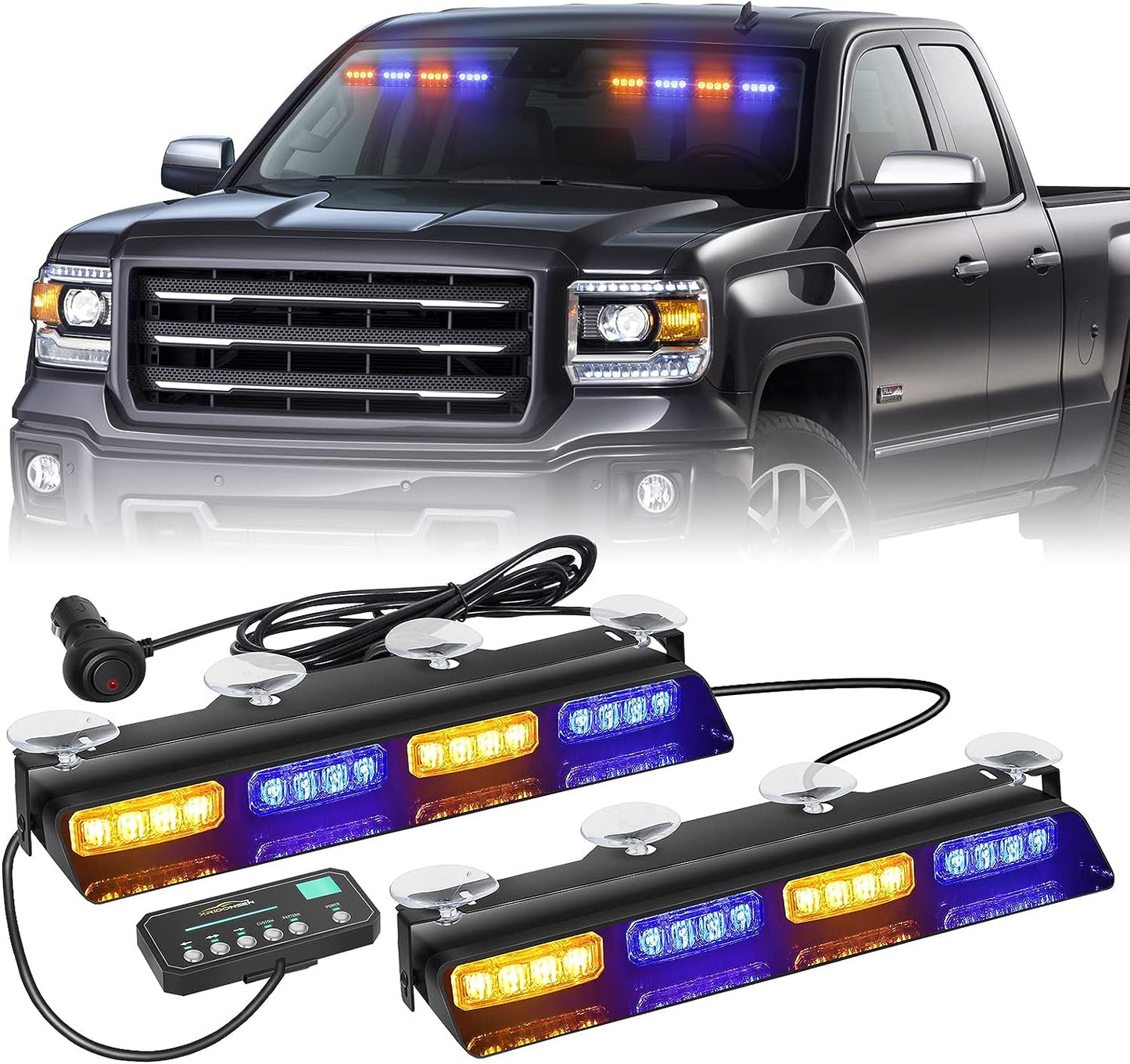 XRIDONSEN Emergency Dash Strobe Lights Safety Flashing Warning Hazard Interior Front/Rear Windshield Deck Split Light Bar w/Suction Cups for Construction Vehicles Trucks (2x14 inch, Amber White)