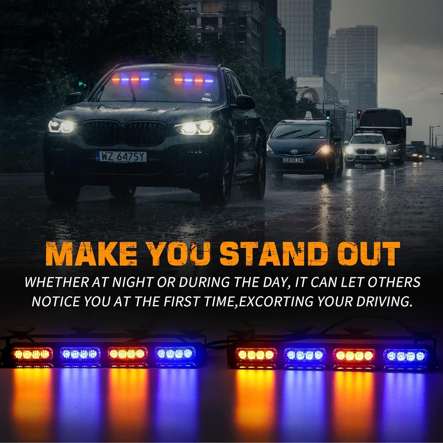 XRIDONSEN Emergency Dash Strobe Lights Safety Flashing Warning Hazard Interior Front/Rear Windshield Deck Split Light Bar w/Suction Cups for Construction Vehicles Trucks (2x14 inch, Amber White)