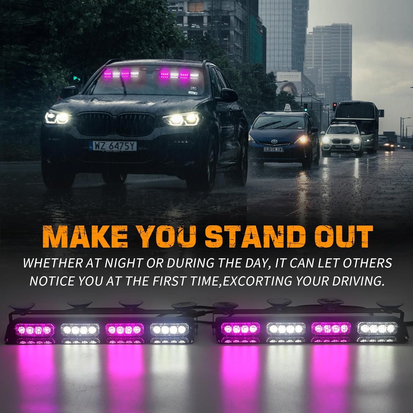 XRIDONSEN Emergency Dash Strobe Lights Safety Flashing Warning Hazard Interior Front/Rear Windshield Deck Split Light Bar w/Suction Cups for Construction Vehicles Trucks (2x14 inch, Amber White)