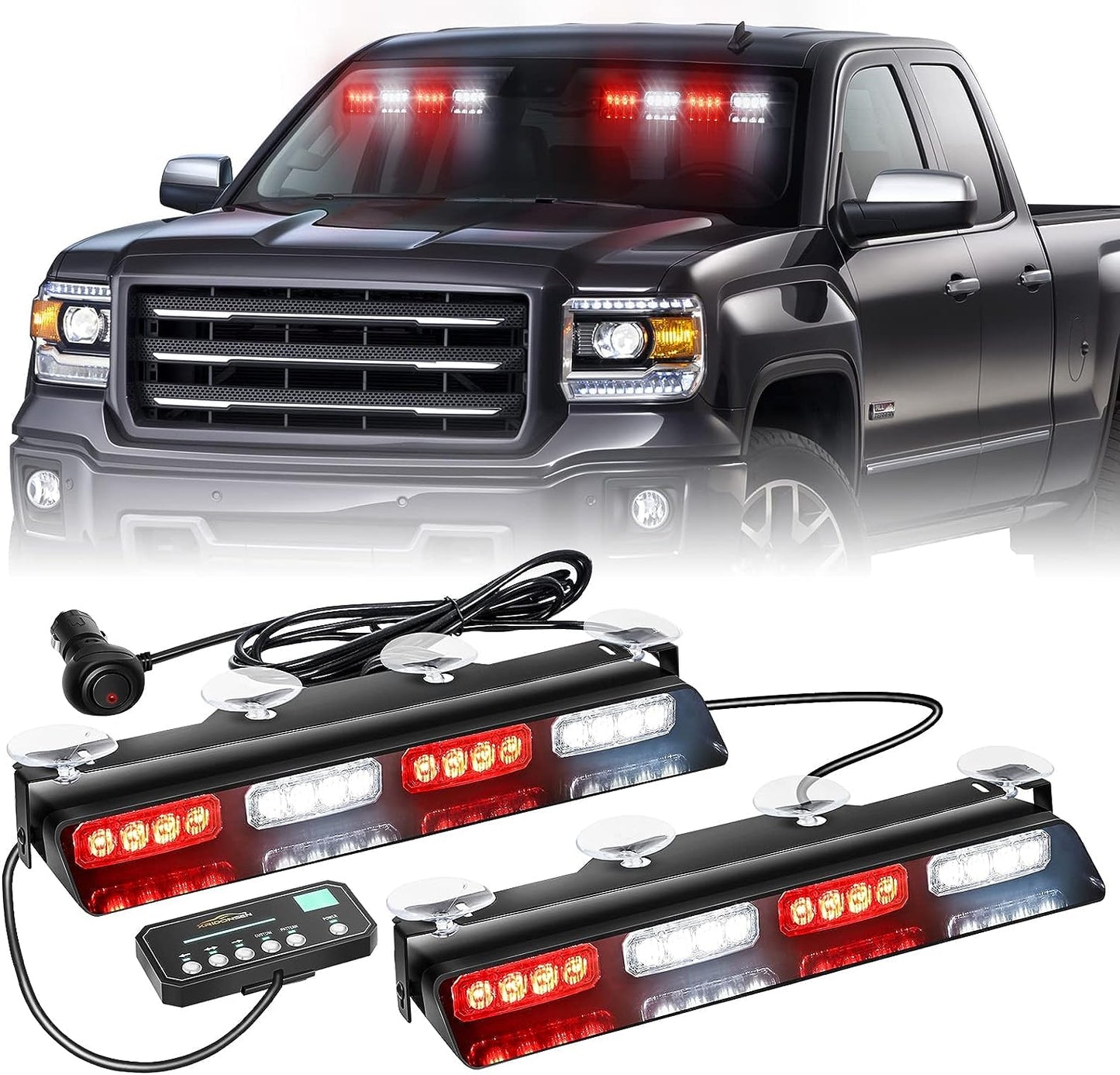 XRIDONSEN Emergency Dash Strobe Lights Safety Flashing Warning Hazard Interior Front/Rear Windshield Deck Split Light Bar w/Suction Cups for Construction Vehicles Trucks (2x14 inch, Amber White)