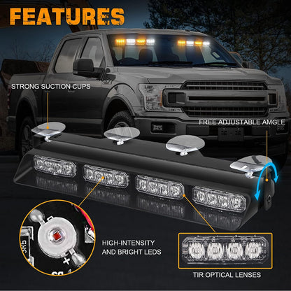 XRIDONSEN Emergency Dash Strobe Lights Safety Flashing Warning Hazard Interior Front/Rear Windshield Deck Split Light Bar w/Suction Cups for Construction Vehicles Trucks (2x14 inch, Amber White)