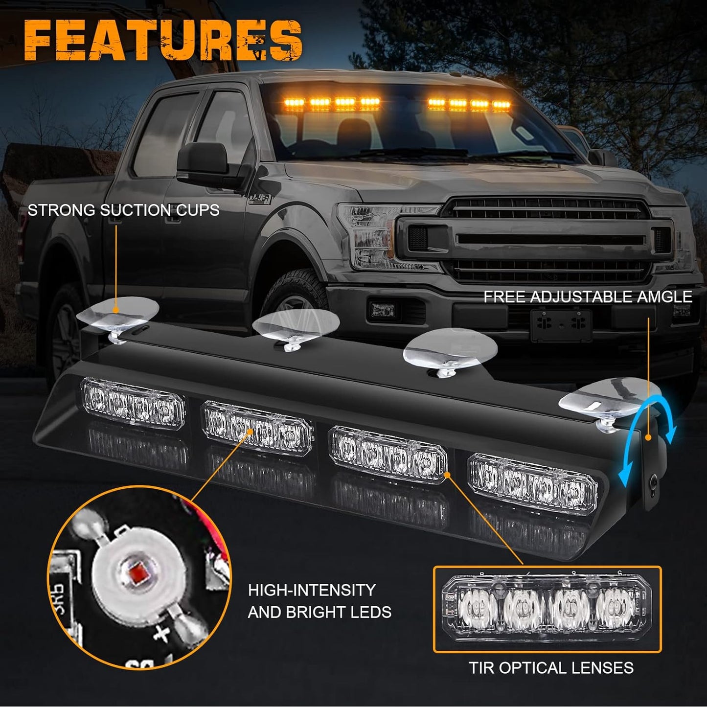 XRIDONSEN Emergency Dash Strobe Lights Safety Flashing Warning Hazard Interior Front/Rear Windshield Deck Split Light Bar w/Suction Cups for Construction Vehicles Trucks (2x14 inch, Amber White)