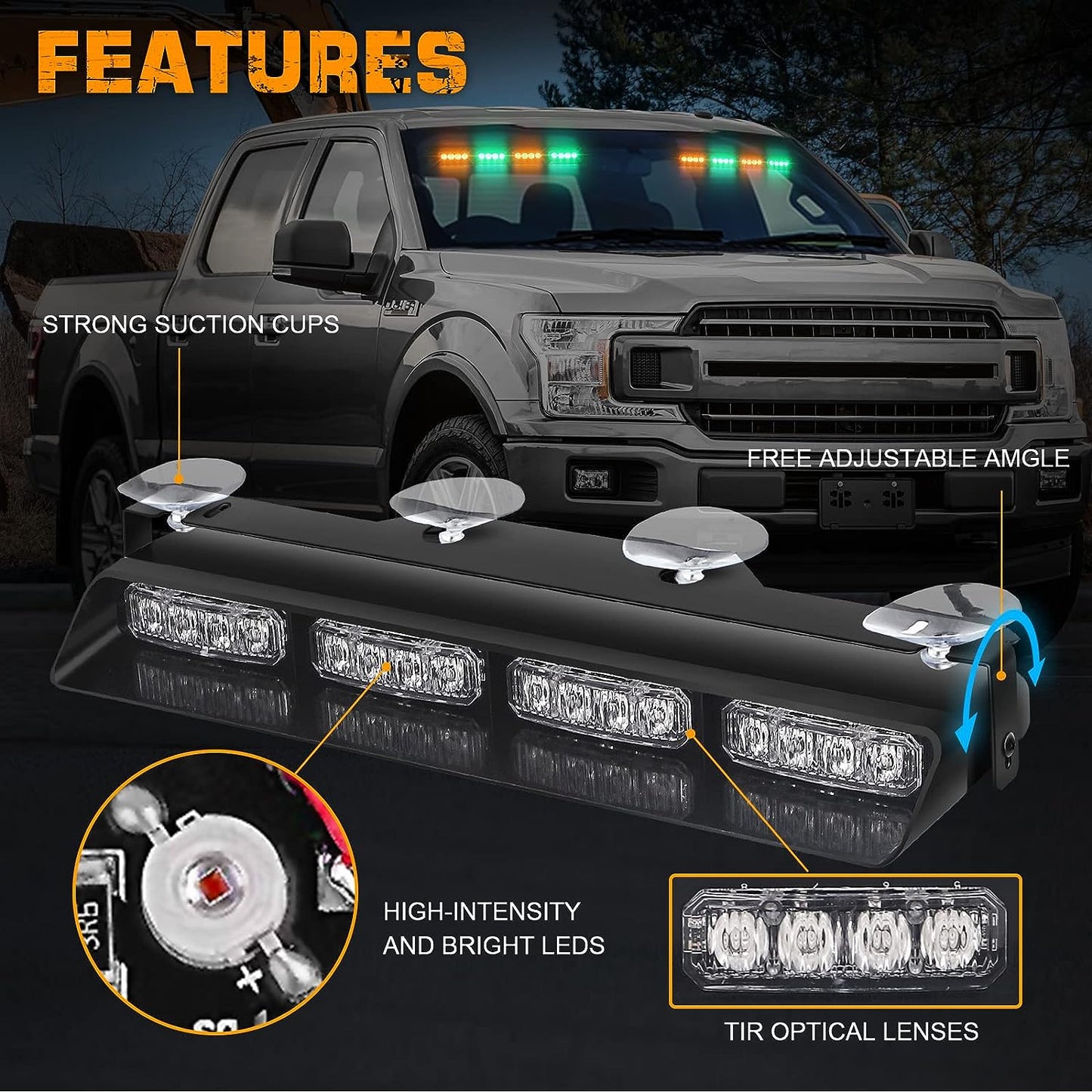 XRIDONSEN Emergency Dash Strobe Lights Safety Flashing Warning Hazard Interior Front/Rear Windshield Deck Split Light Bar w/Suction Cups for Construction Vehicles Trucks (2x14 inch, Amber White)